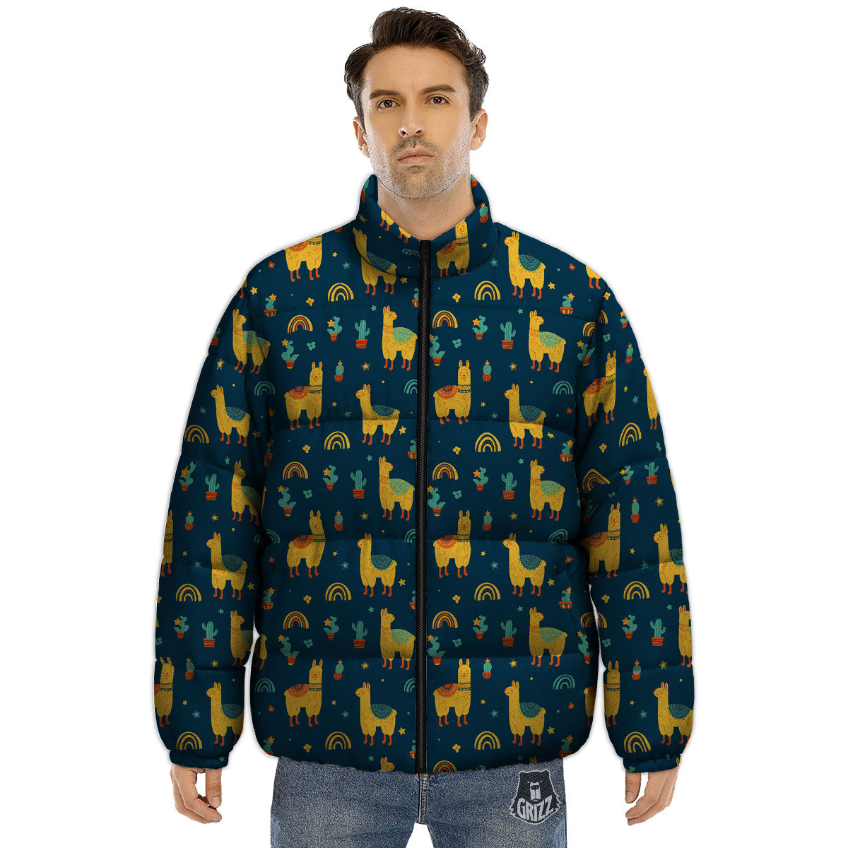 Llama And Cute Cactus Print Pattern Puffer Jacket-grizzshop