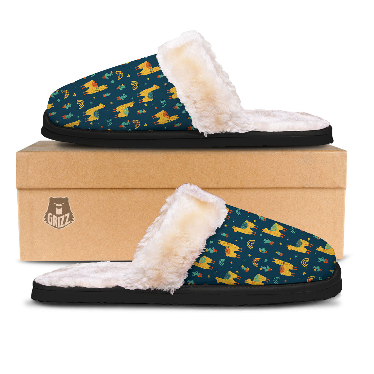 Llama And Cute Cactus Print Pattern Slippers-grizzshop