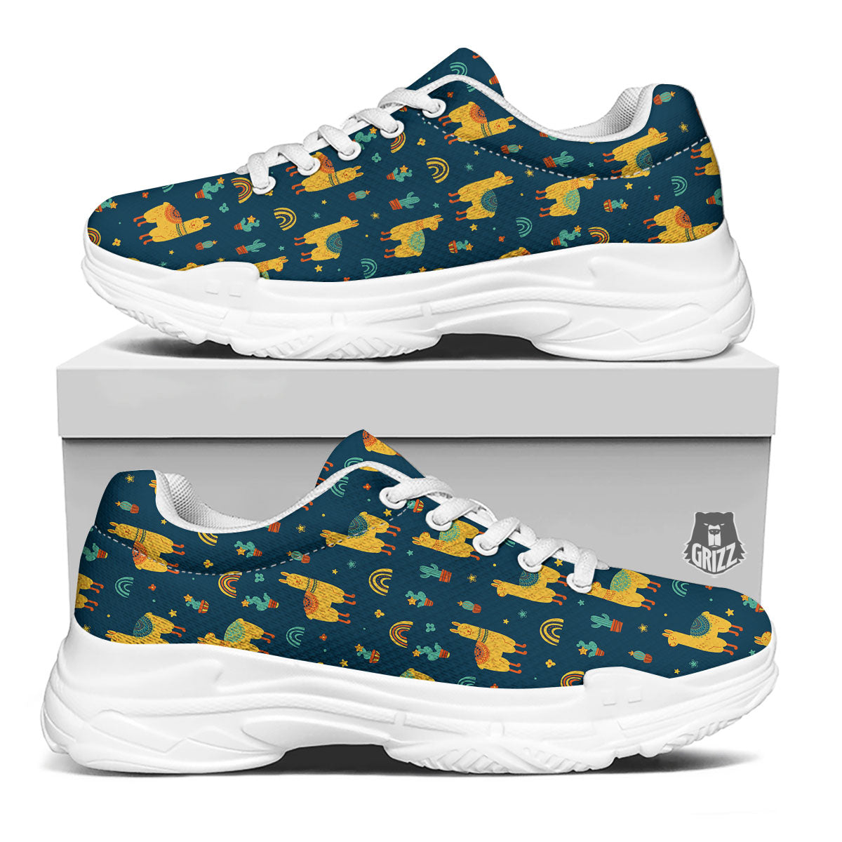 Llama And Cute Cactus Print Pattern White Chunky Shoes-grizzshop