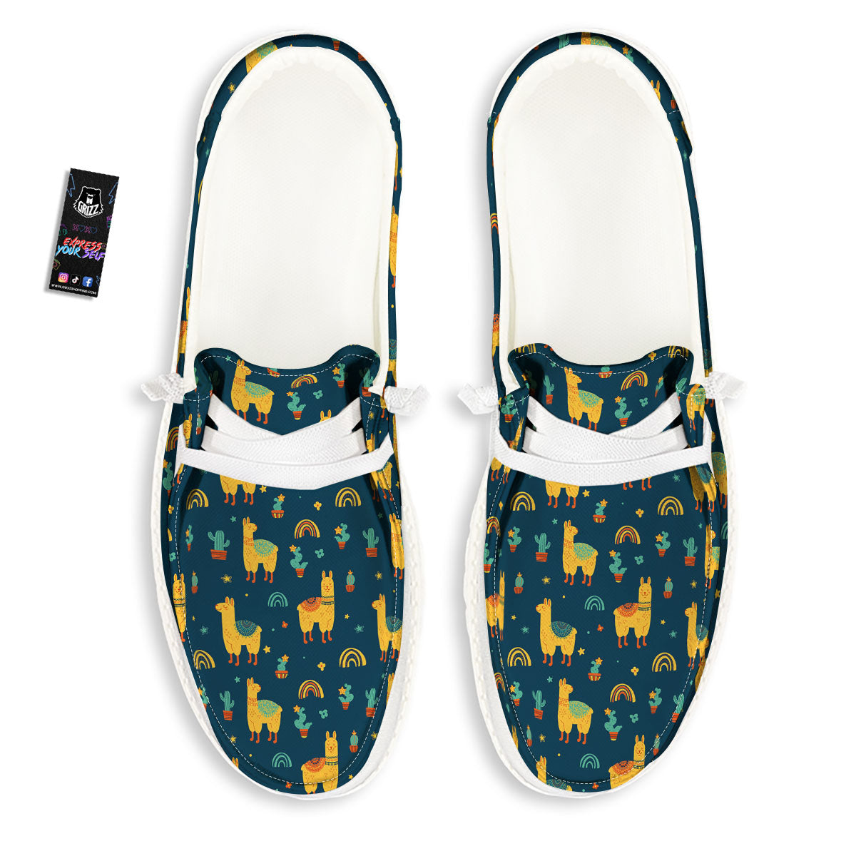 Llama And Cute Cactus Print Pattern White Loafers-grizzshop