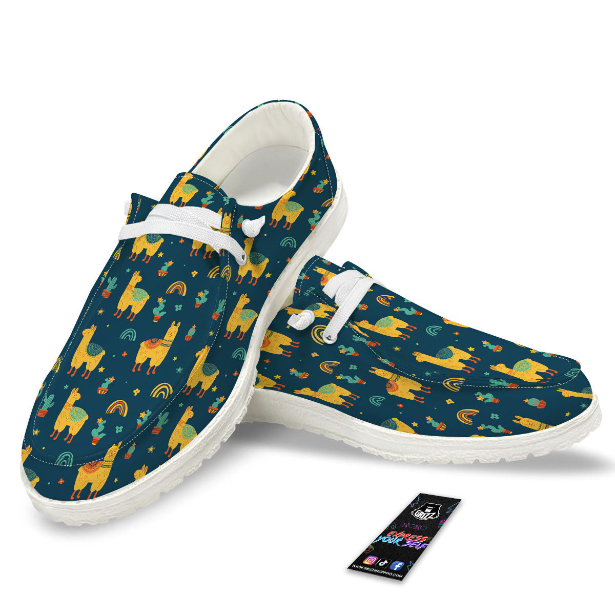 Llama And Cute Cactus Print Pattern White Loafers-grizzshop