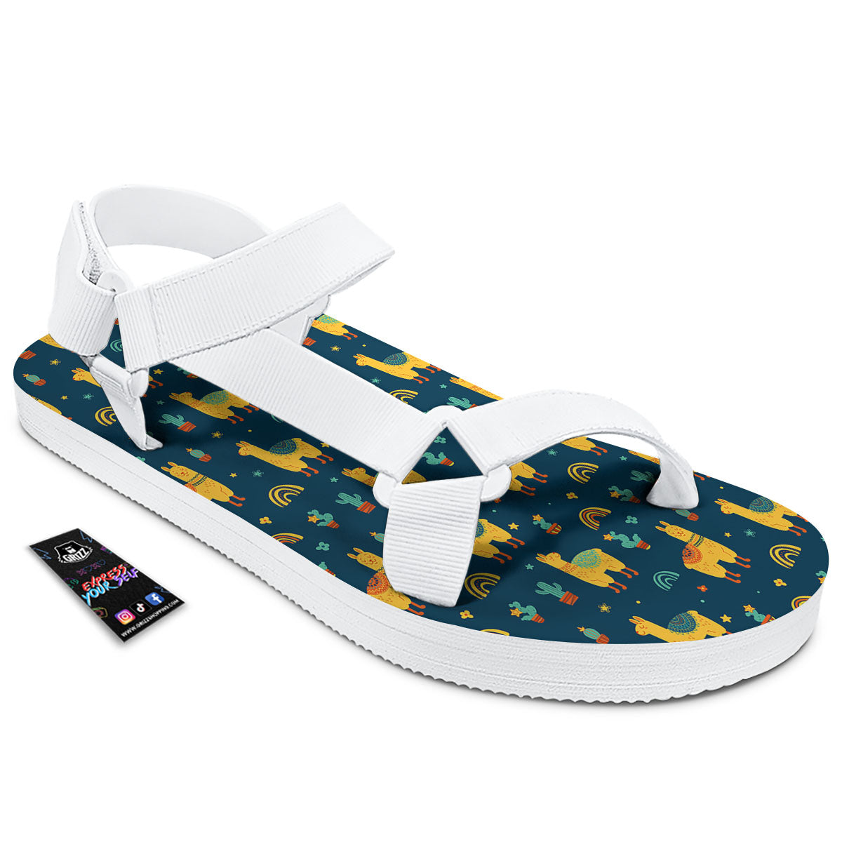 Llama And Cute Cactus Print Pattern White Open Toe Sandals-grizzshop