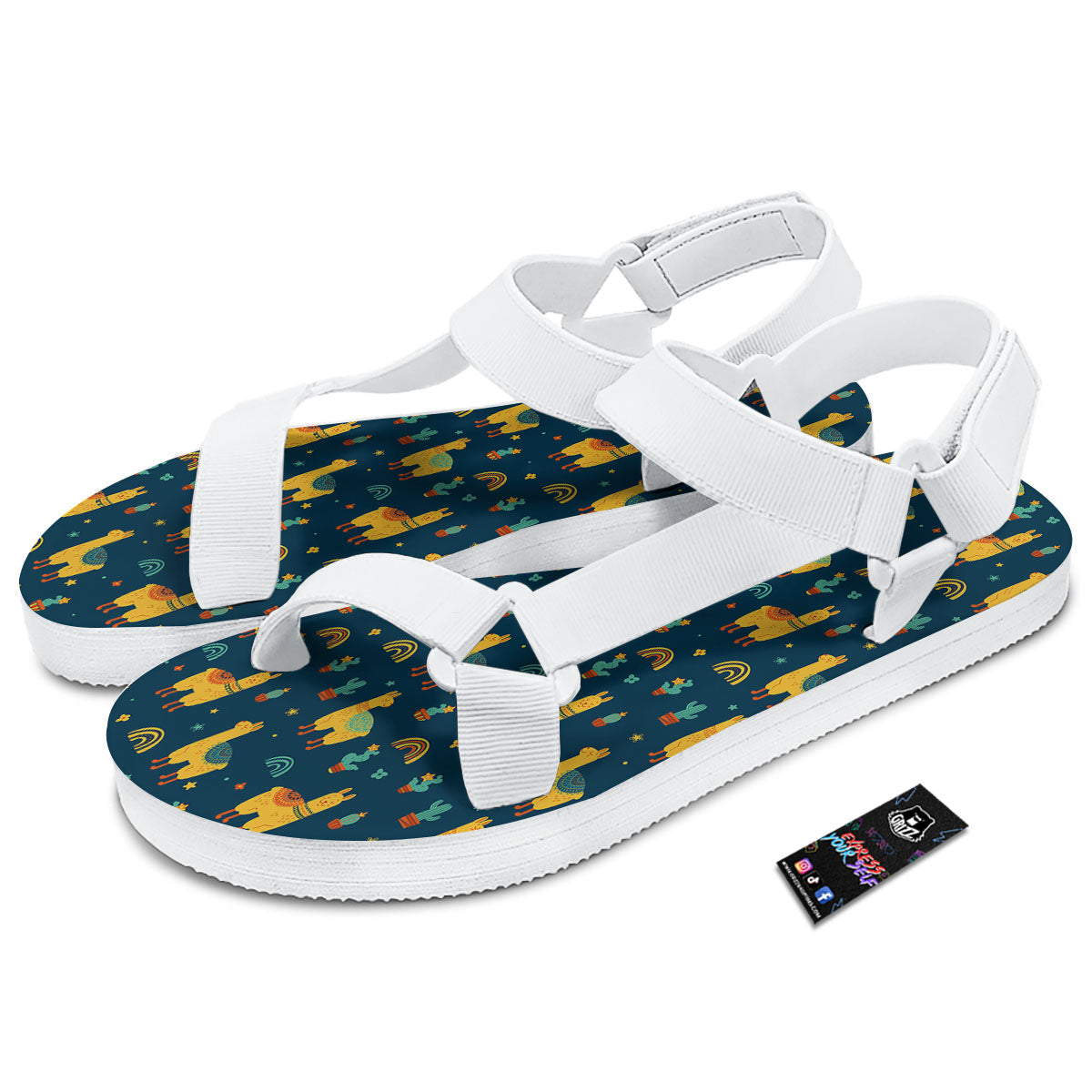 Llama And Cute Cactus Print Pattern White Open Toe Sandals-grizzshop