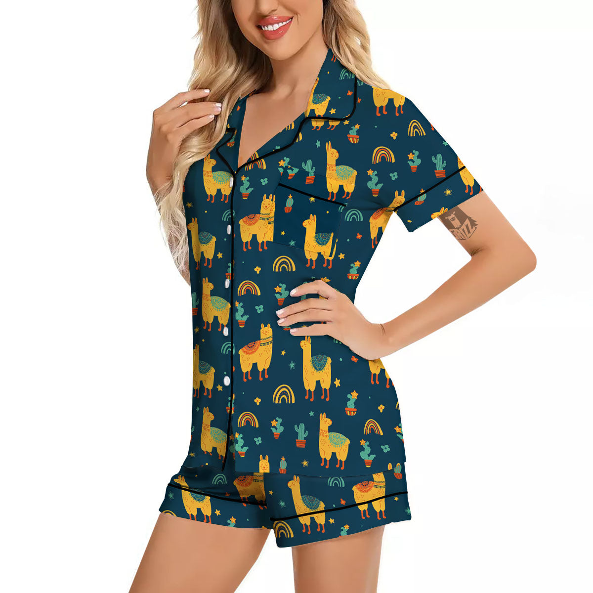 Llama And Cute Cactus Print Pattern Women Silk Pajamas-grizzshop