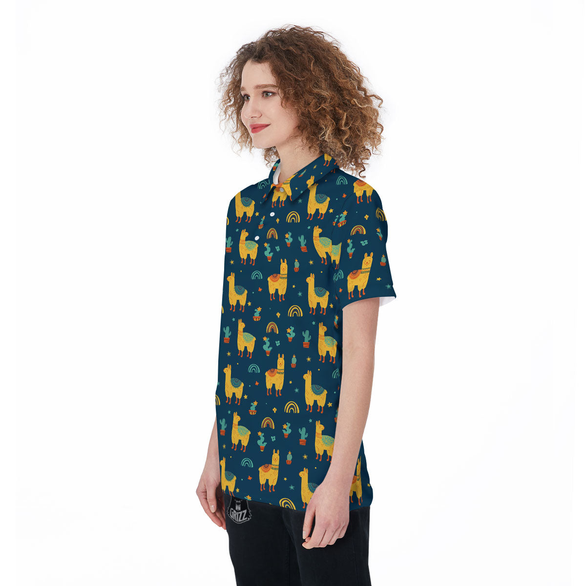 Llama And Cute Cactus Print Pattern Women's Golf Shirts-grizzshop