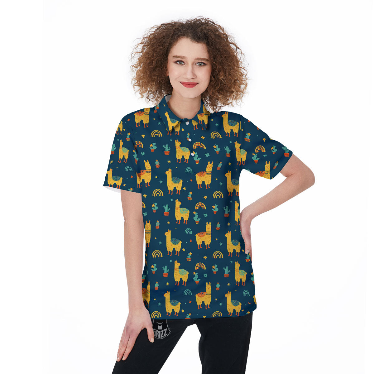 Llama And Cute Cactus Print Pattern Women's Golf Shirts-grizzshop