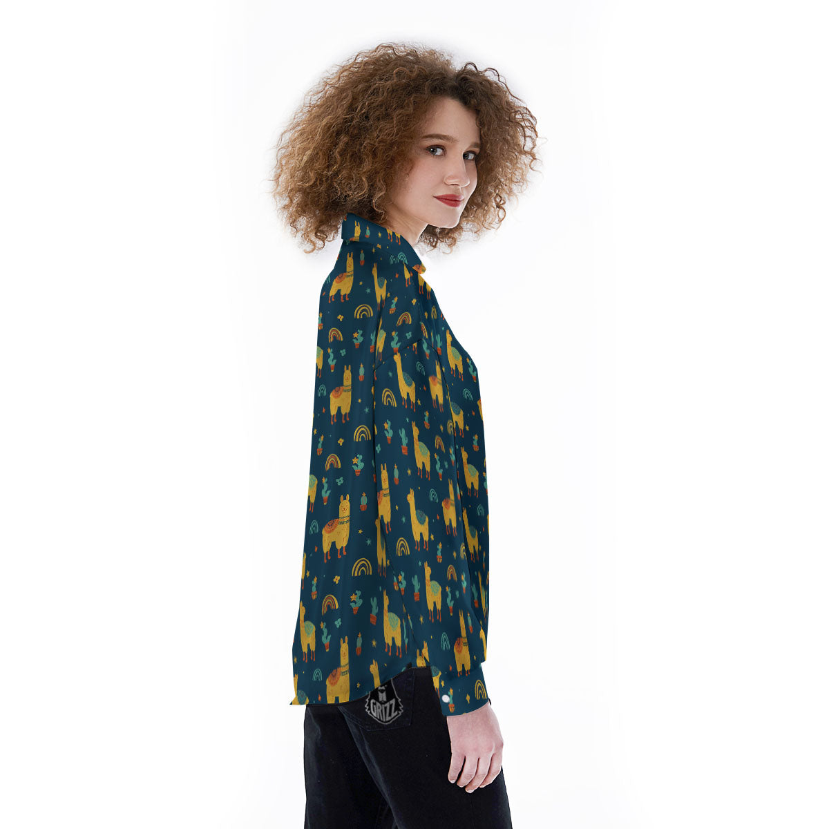 Llama And Cute Cactus Print Pattern Women's Long Sleeve Shirts-grizzshop