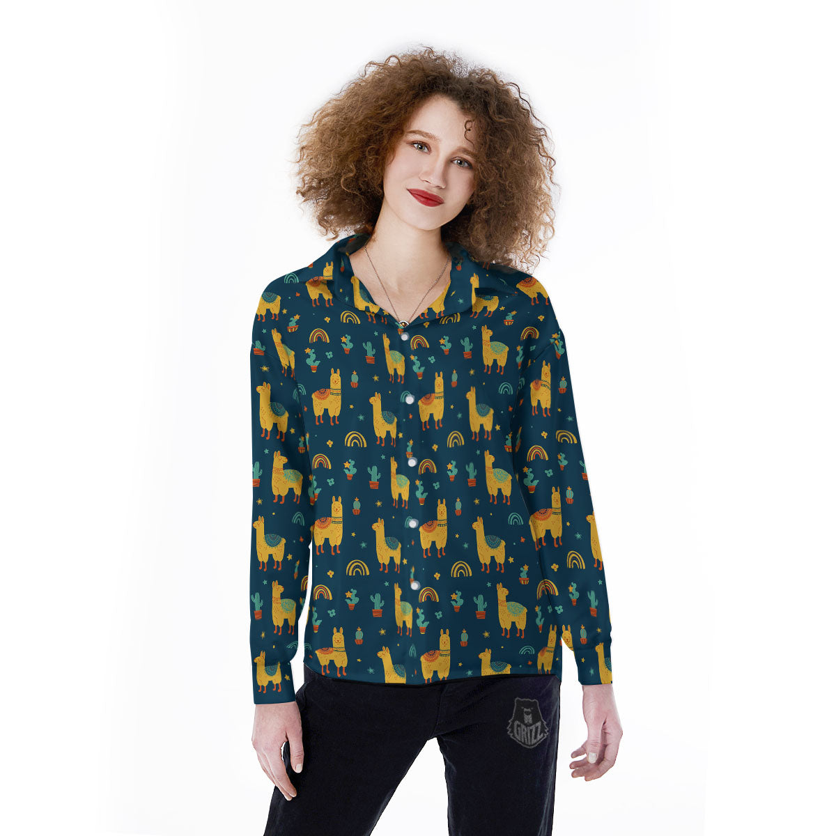 Llama And Cute Cactus Print Pattern Women's Long Sleeve Shirts-grizzshop