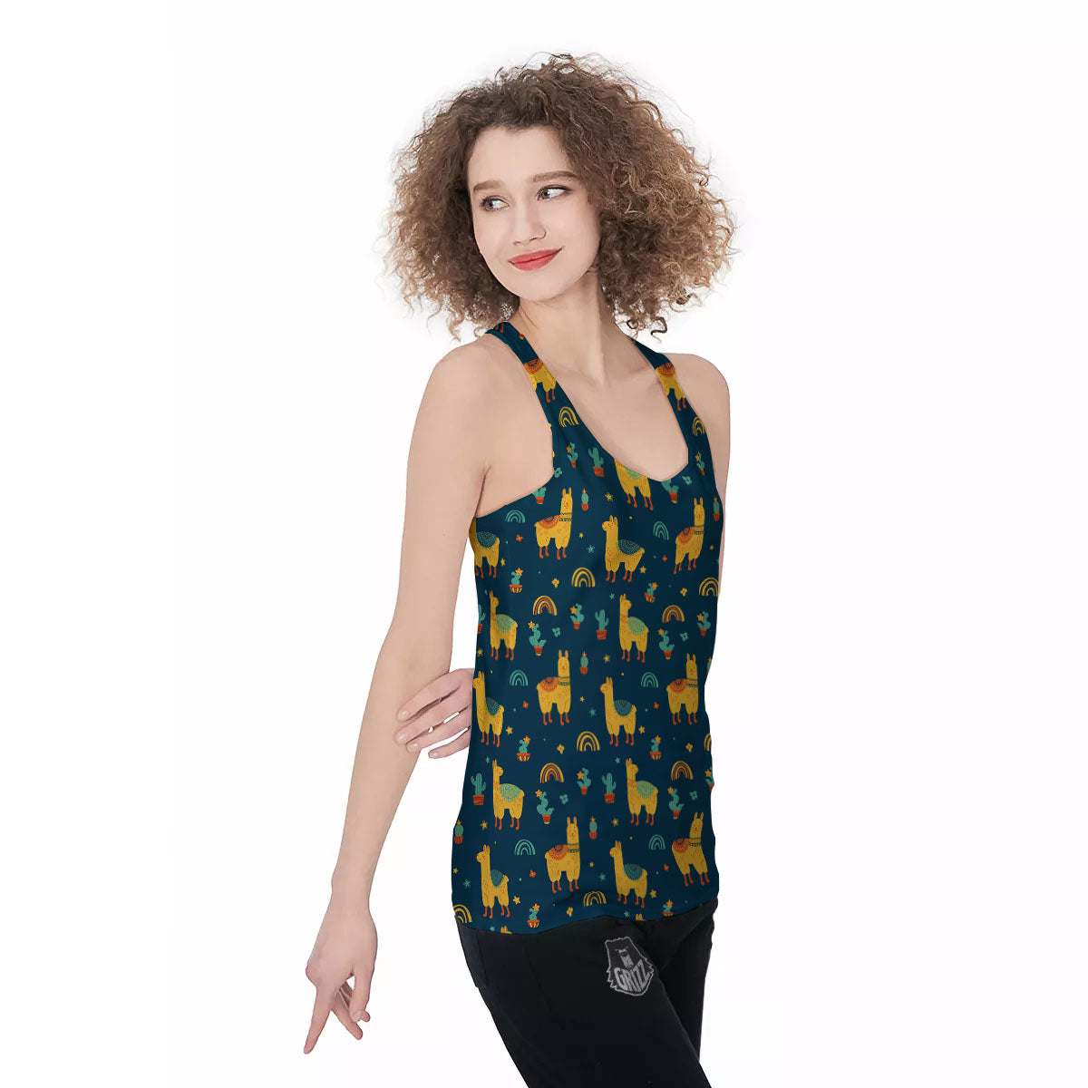 Llama And Cute Cactus Print Pattern Women's Racerback Tank Top-grizzshop