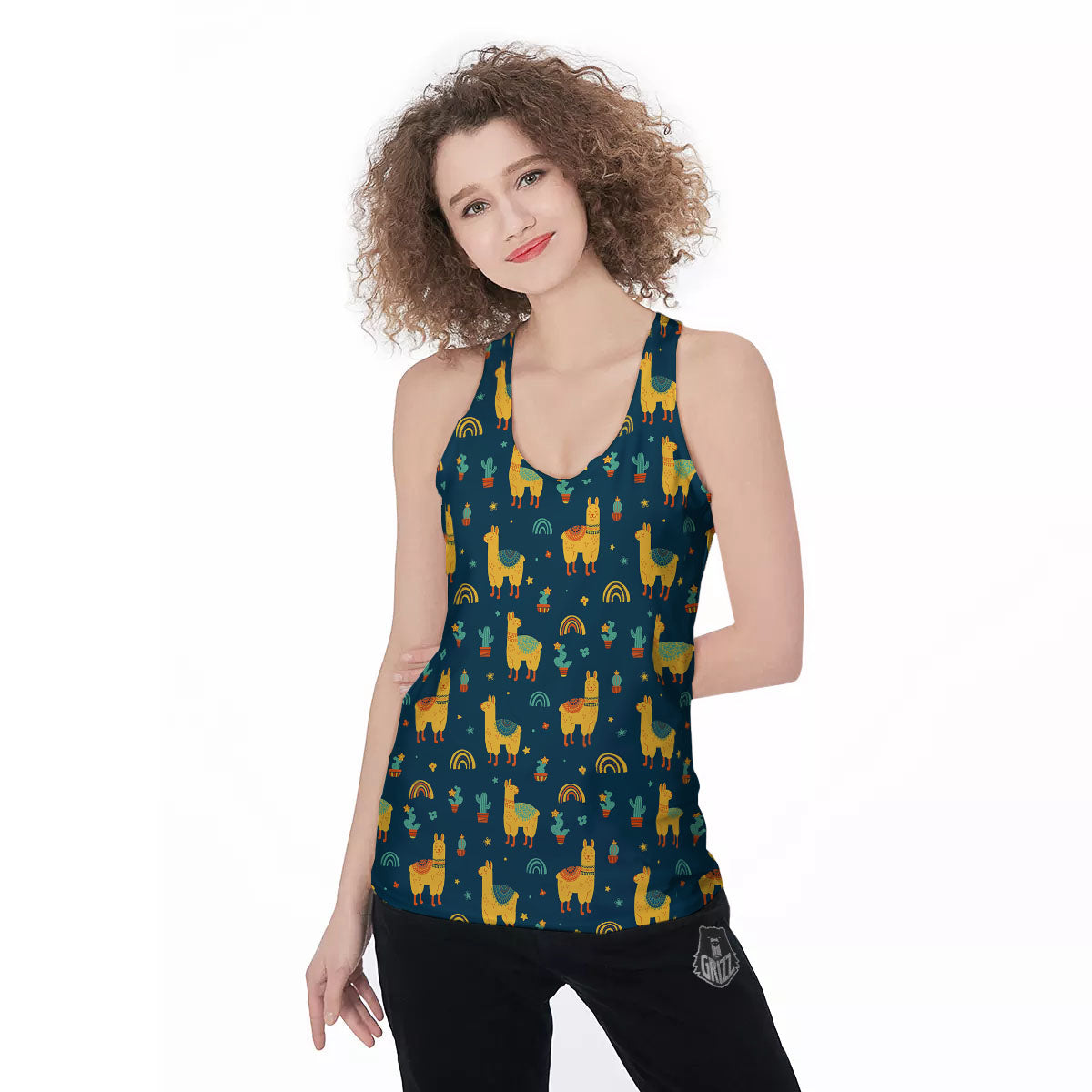 Llama And Cute Cactus Print Pattern Women's Racerback Tank Top-grizzshop