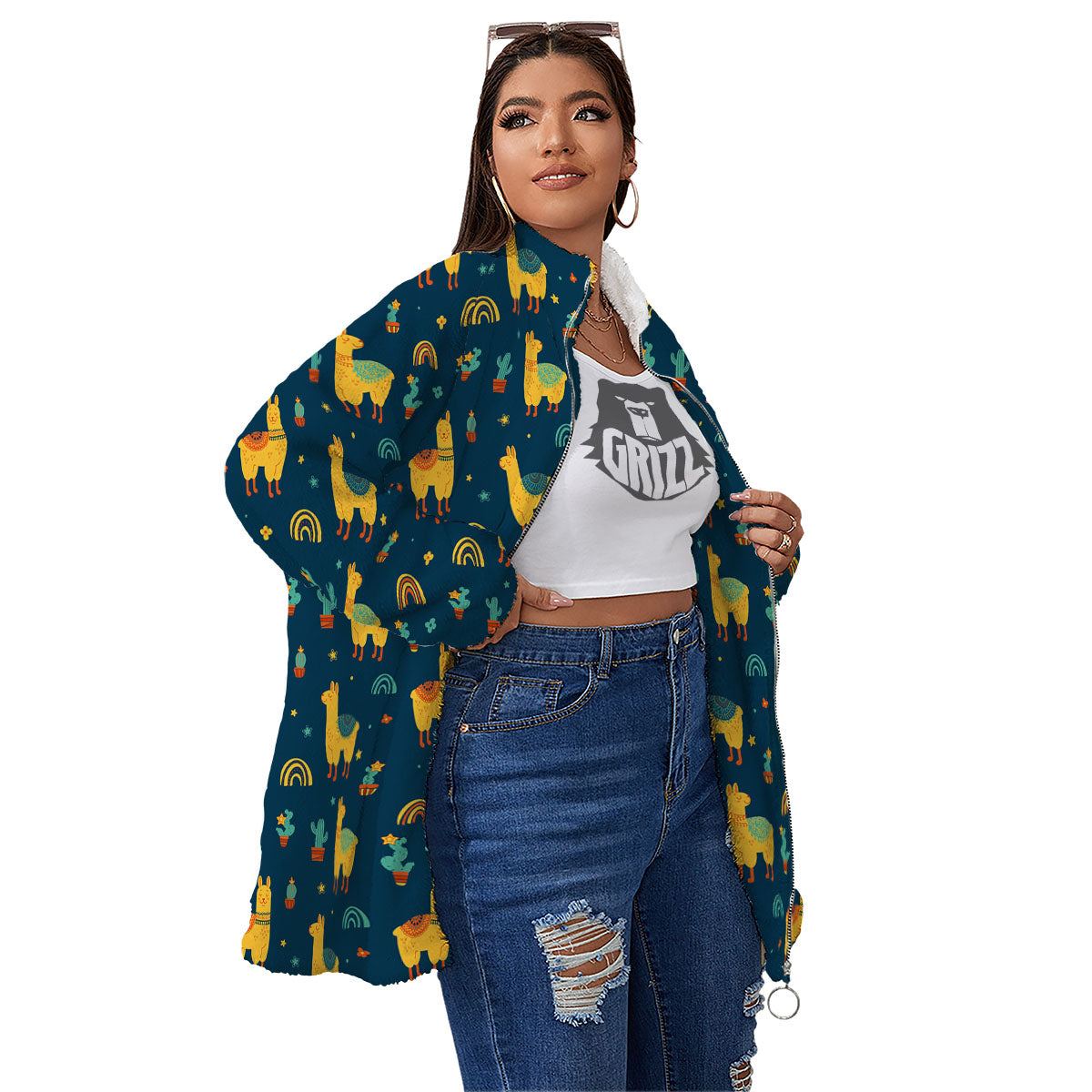 Llama And Cute Cactus Print Pattern Women's Sherpa Jacket-grizzshop
