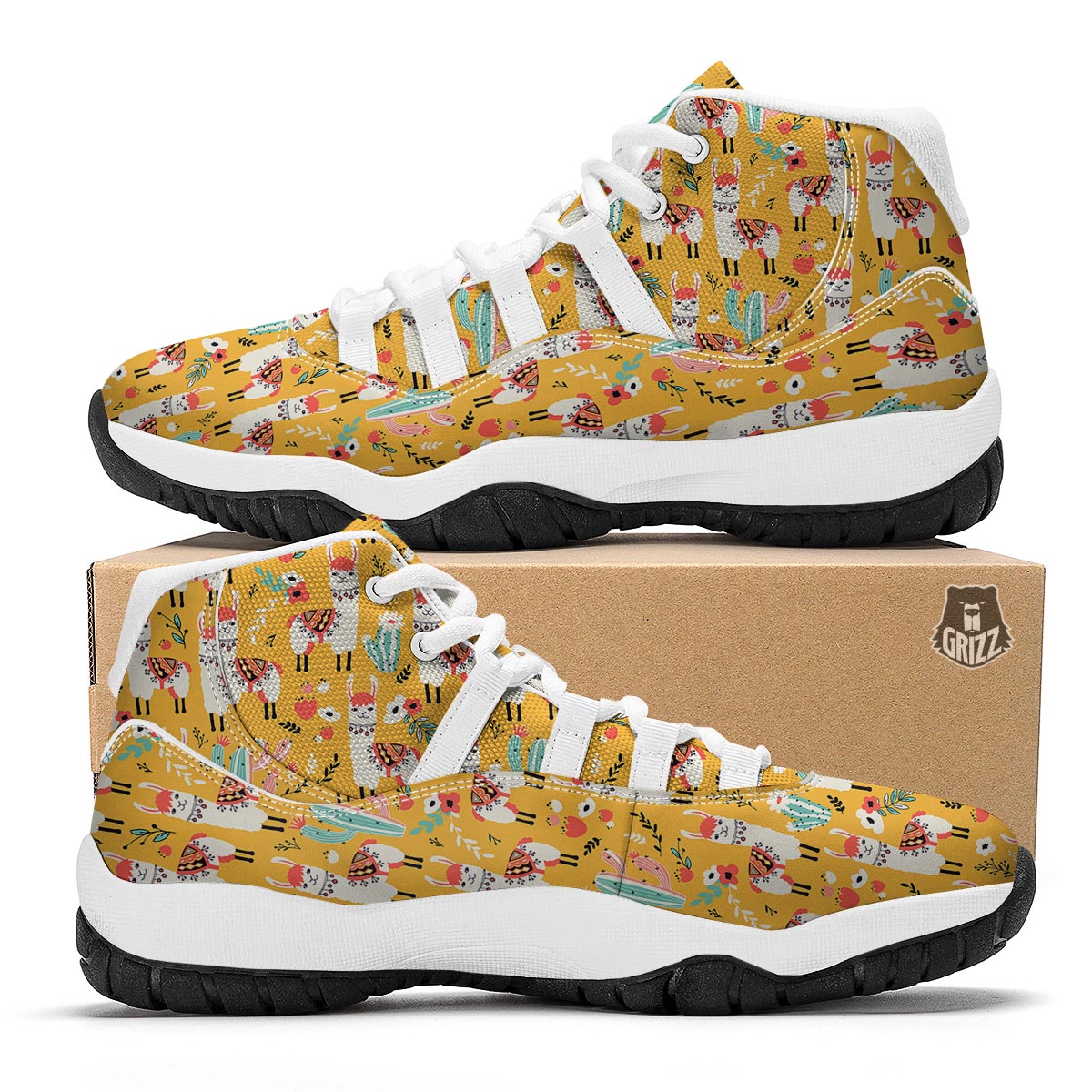 Llama Cactus Pattern Print White Bball Shoes-grizzshop