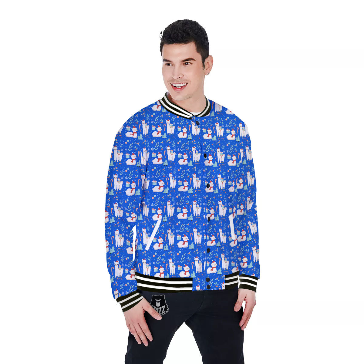 Llama Christmas Print Pattern Baseball Jacket-grizzshop
