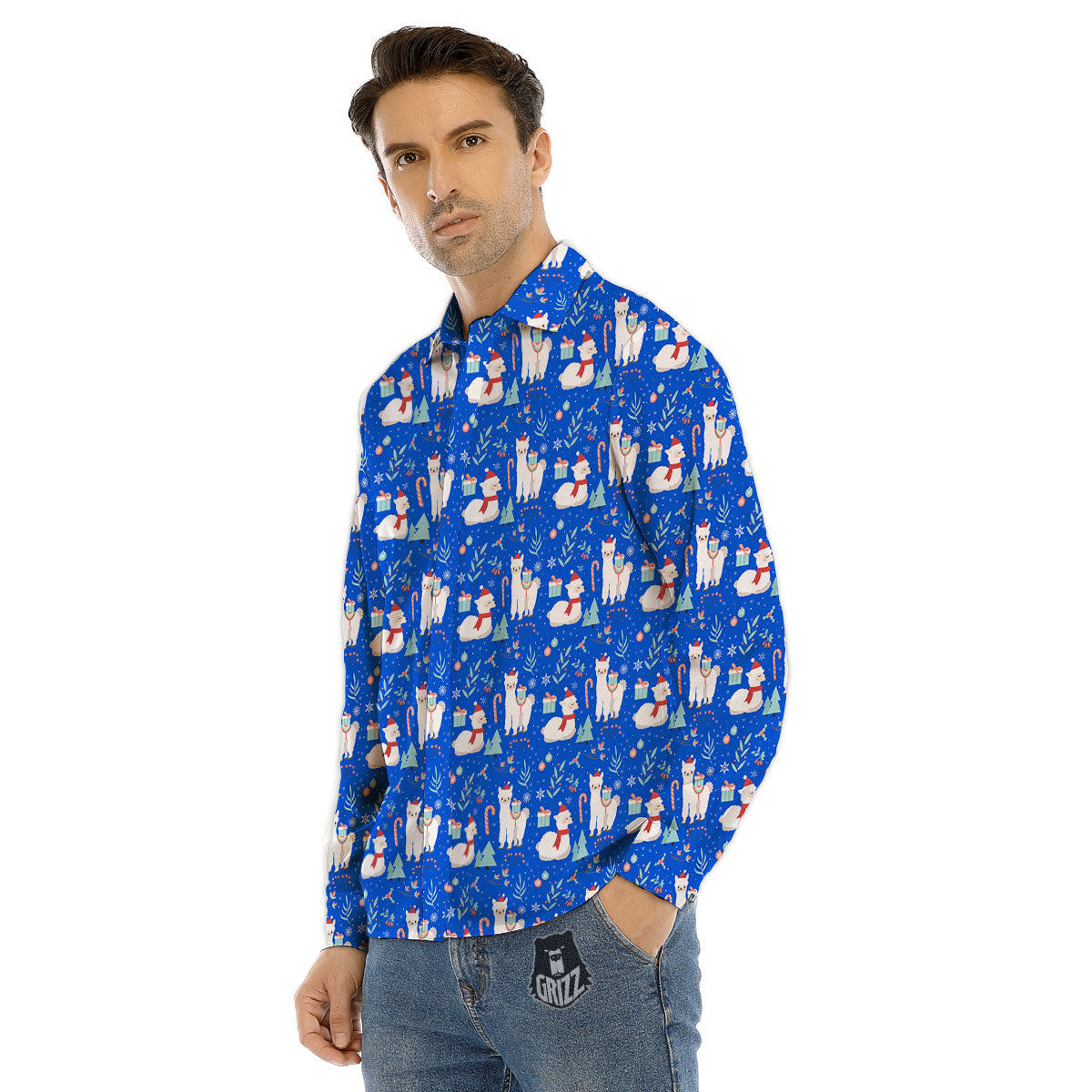 Llama Christmas Print Pattern Men's Dress Shirts-grizzshop