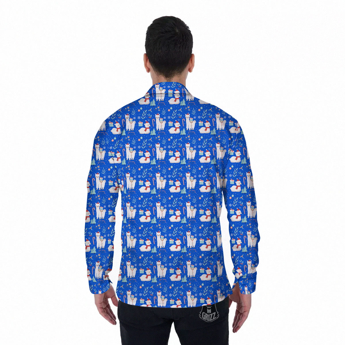 Llama Christmas Print Pattern Men's Long Sleeve Shirts-grizzshop