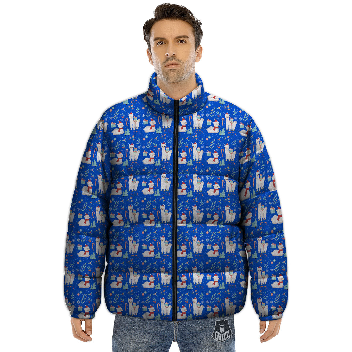 Llama Christmas Print Pattern Puffer Jacket-grizzshop