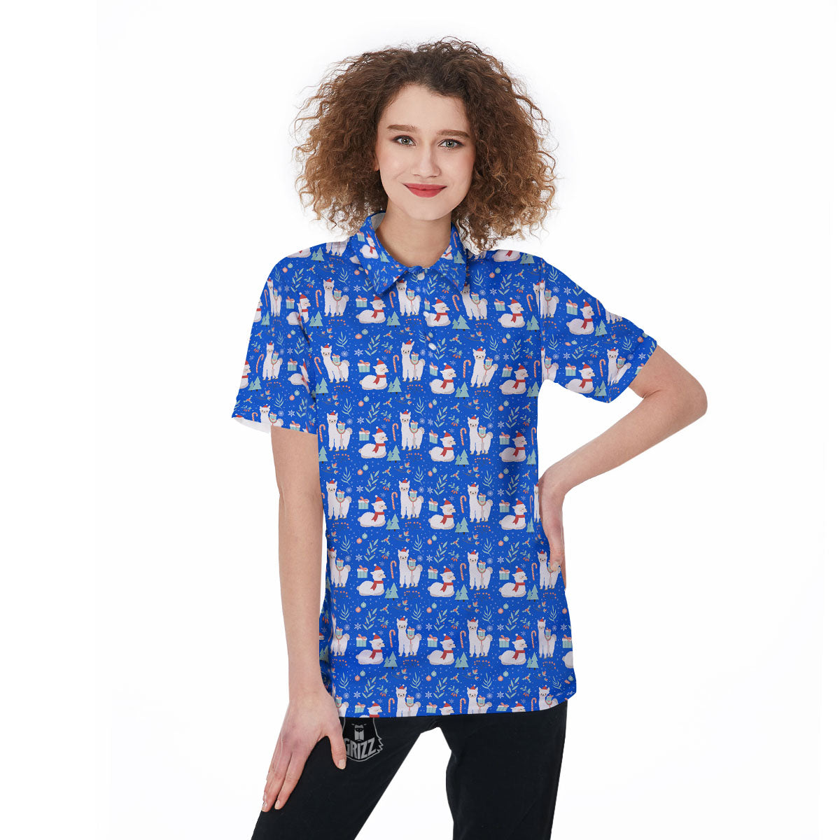 Llama Christmas Print Pattern Women's Golf Shirts-grizzshop