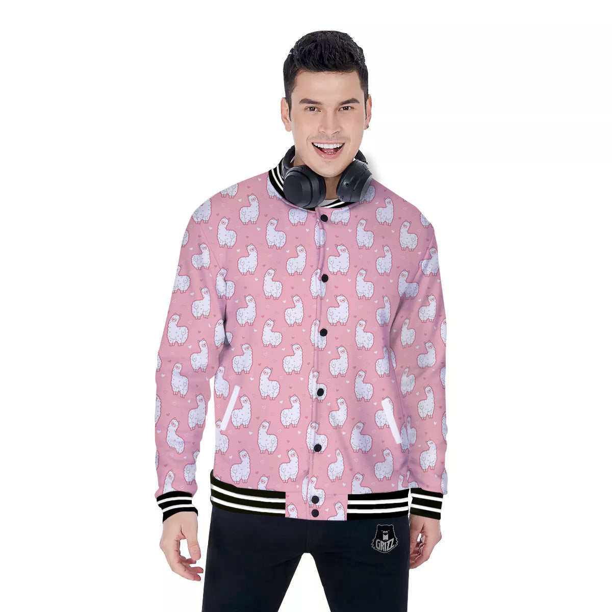 Llama Cute Pink Print Pattern Baseball Jacket-grizzshop