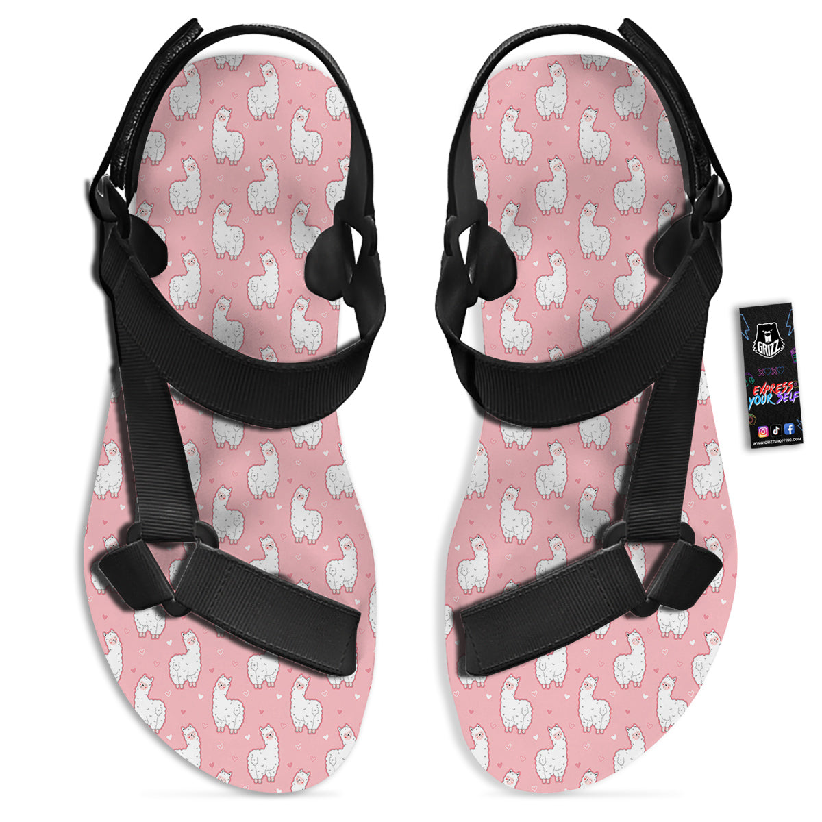 Llama Cute Pink Print Pattern Black Open Toe Sandals-grizzshop