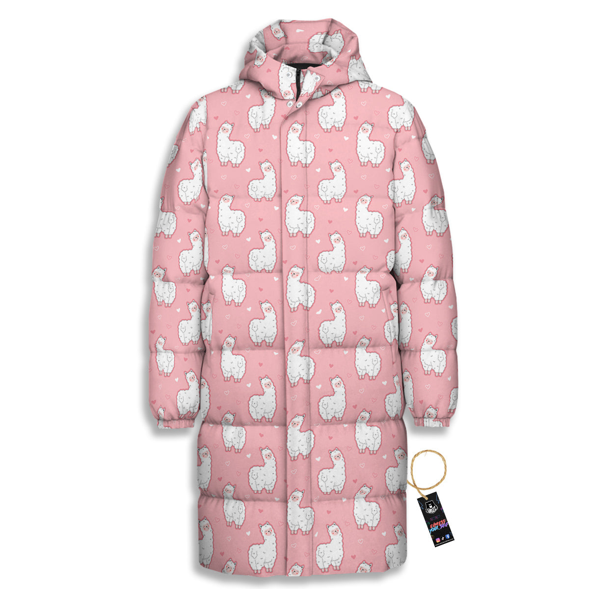 Llama Cute Pink Print Pattern Long Down Jacket-grizzshop