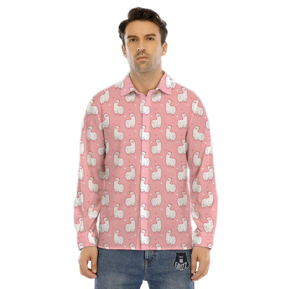 Llama Cute Pink Print Pattern Men's Dress Shirts-grizzshop