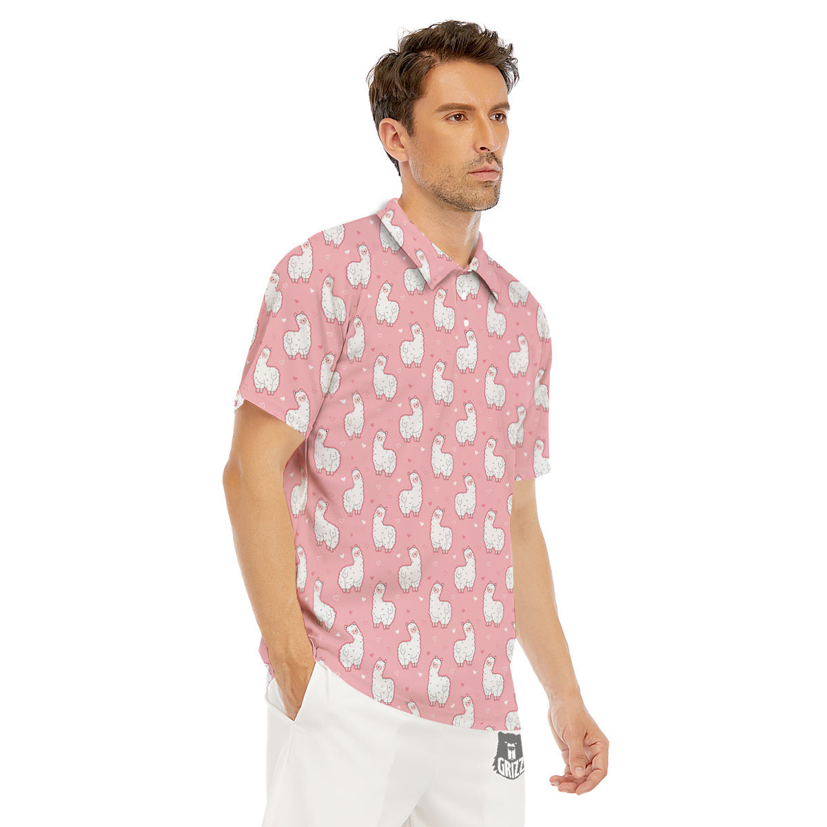Llama Cute Pink Print Pattern Men's Golf Shirts-grizzshop