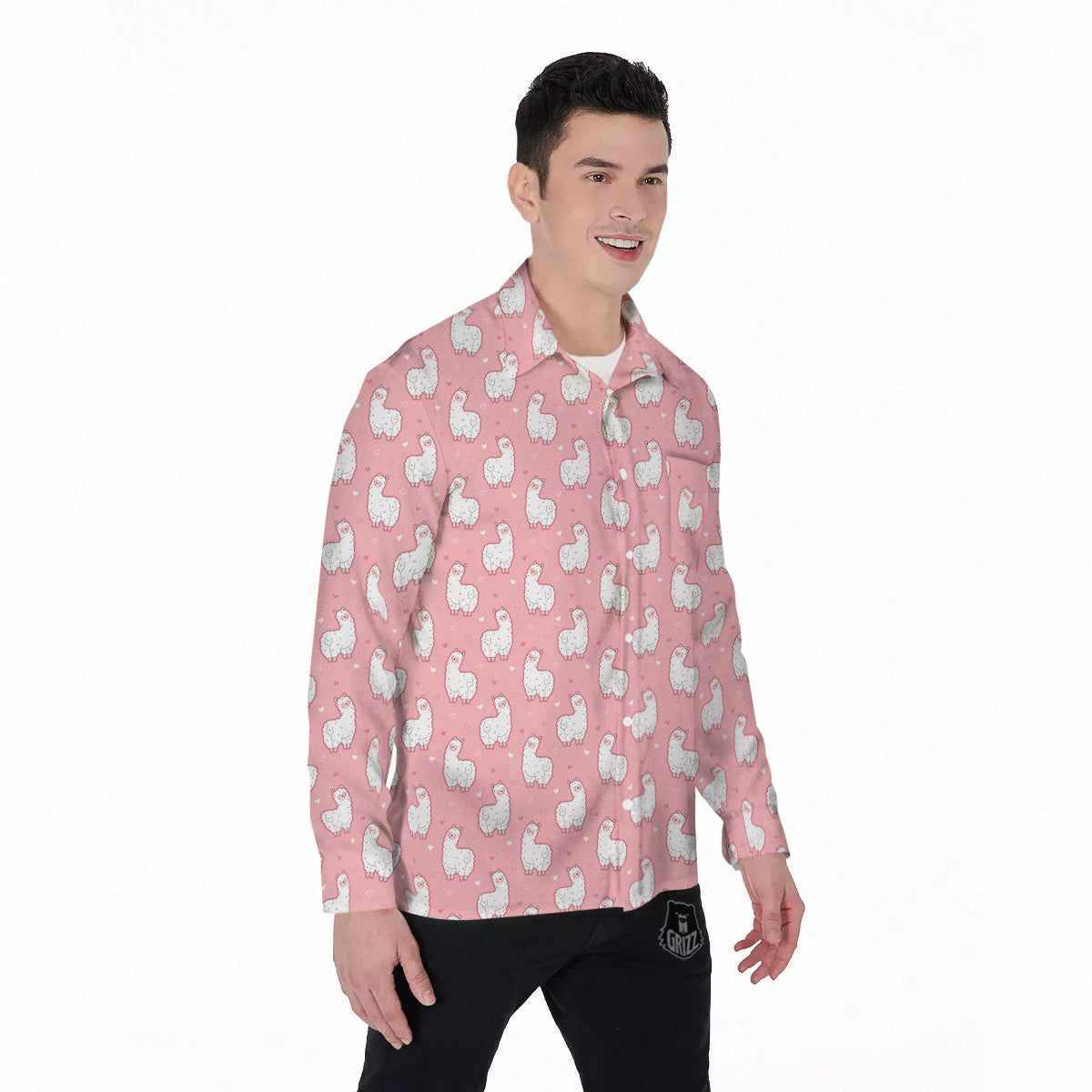 Llama Cute Pink Print Pattern Men's Long Sleeve Shirts-grizzshop