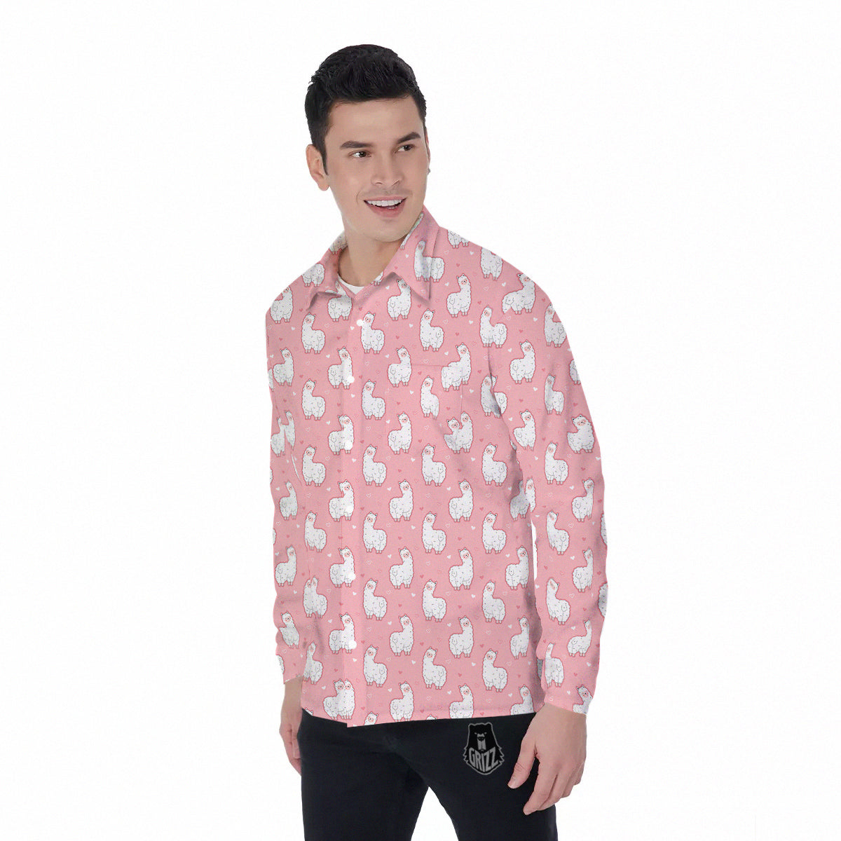 Llama Cute Pink Print Pattern Men's Long Sleeve Shirts-grizzshop