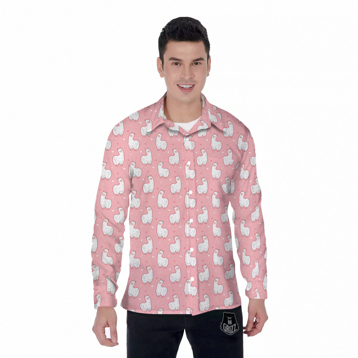 Llama Cute Pink Print Pattern Men's Long Sleeve Shirts-grizzshop