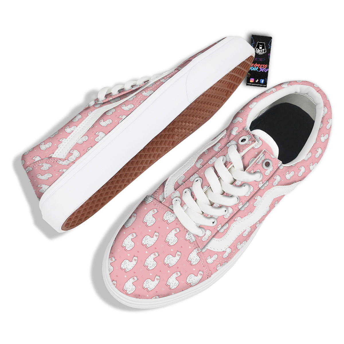 Llama Cute Pink Print Pattern Skate Shoes-grizzshop