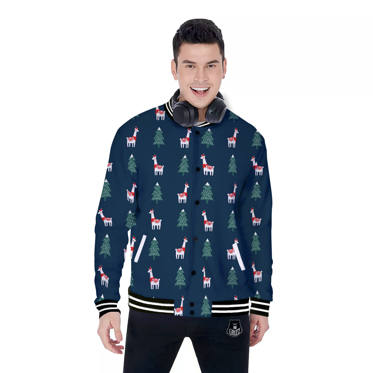 Llama Xmas Print Pattern Baseball Jacket-grizzshop