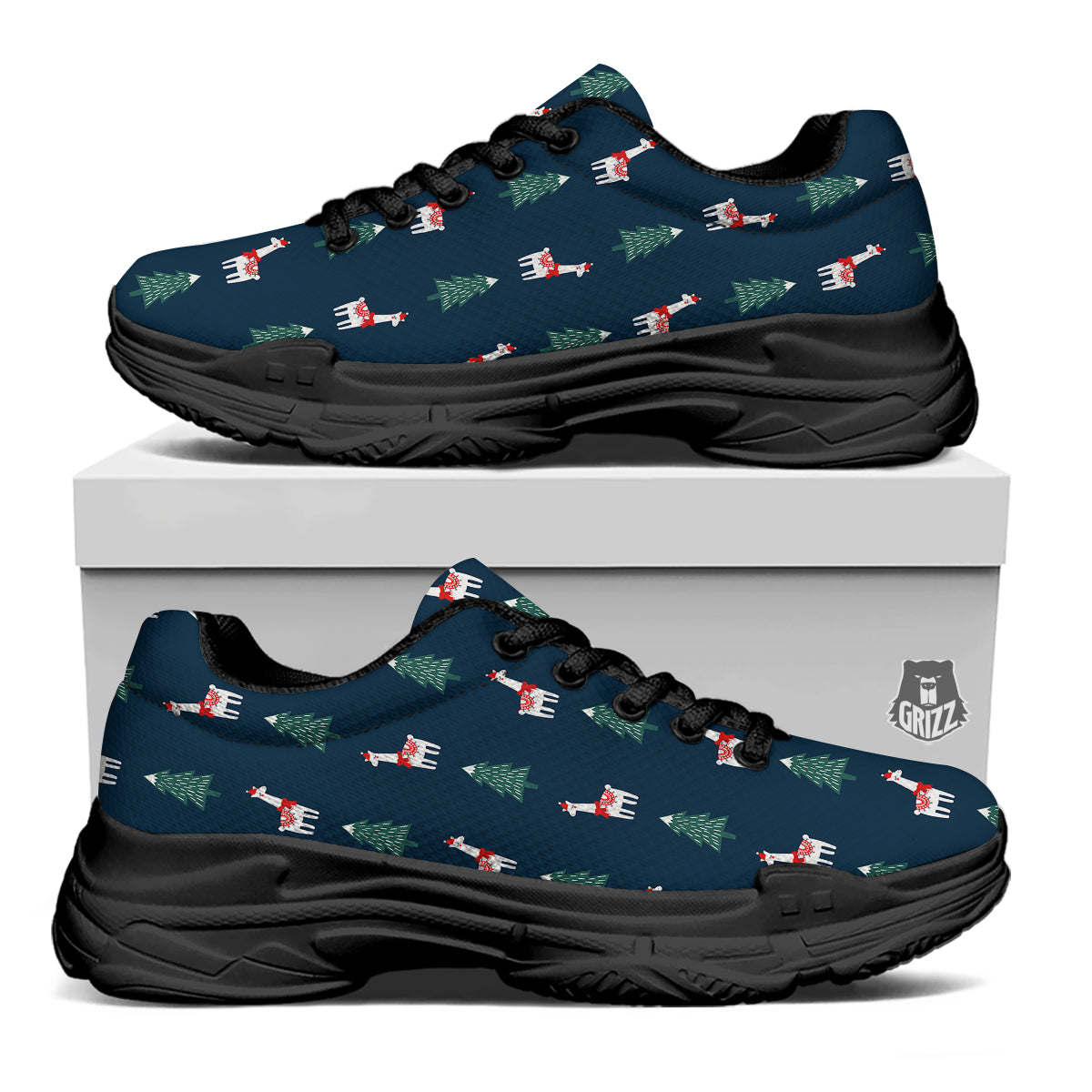 Llama Xmas Print Pattern Black Chunky Shoes-grizzshop