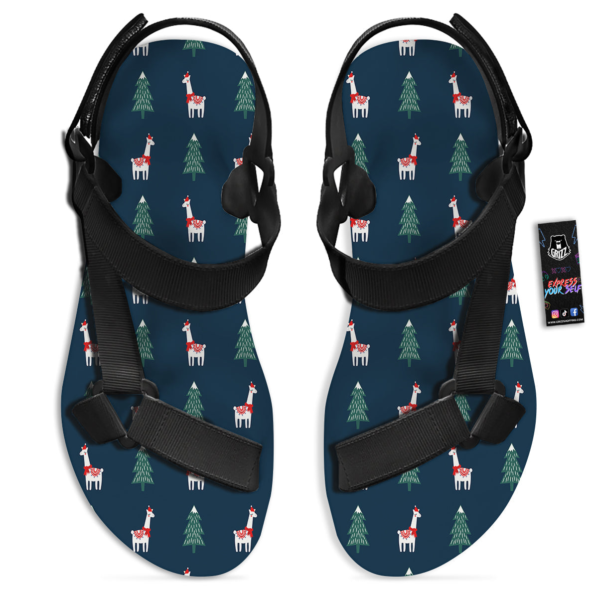 Llama Xmas Print Pattern Black Open Toe Sandals-grizzshop