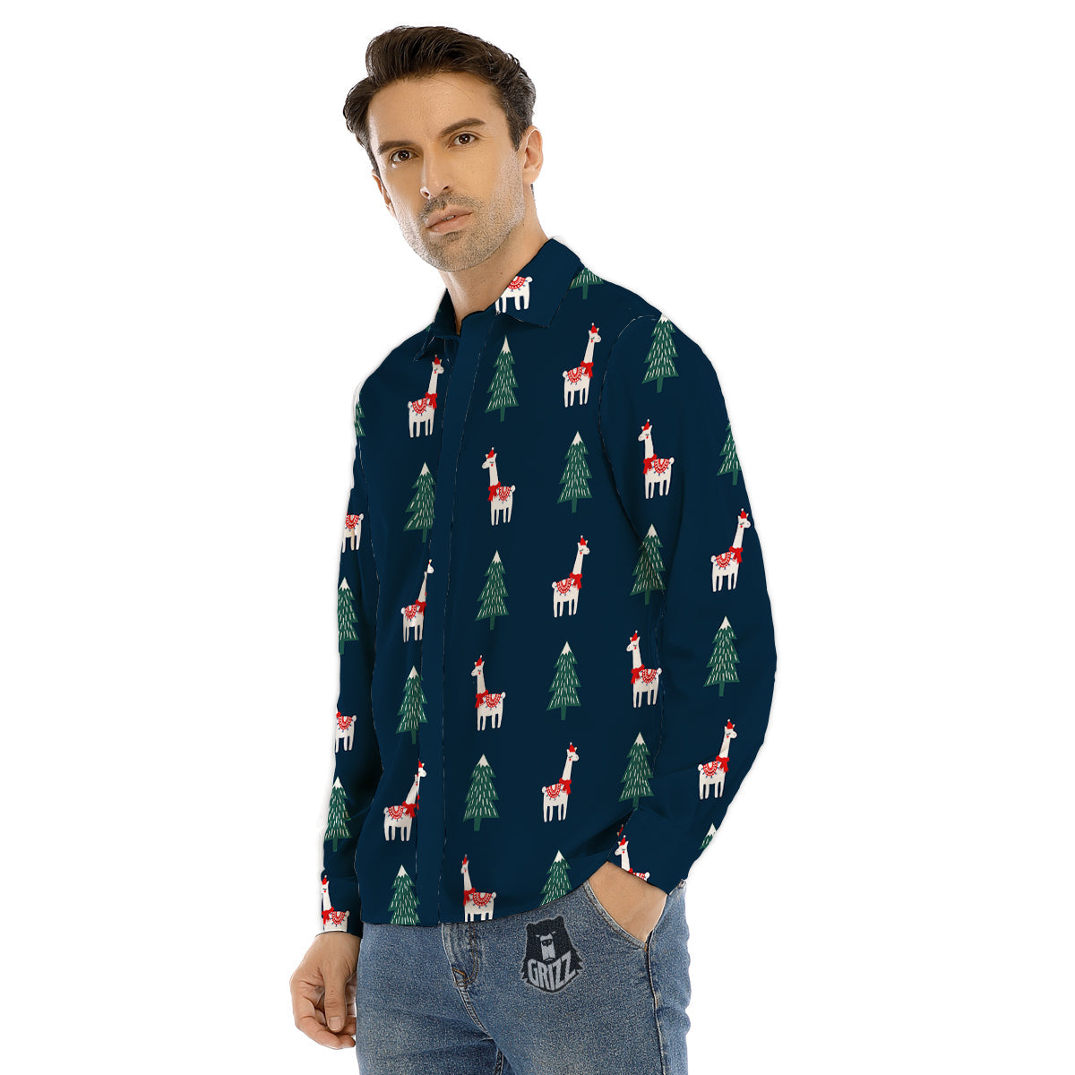 Llama Xmas Print Pattern Men's Dress Shirts-grizzshop