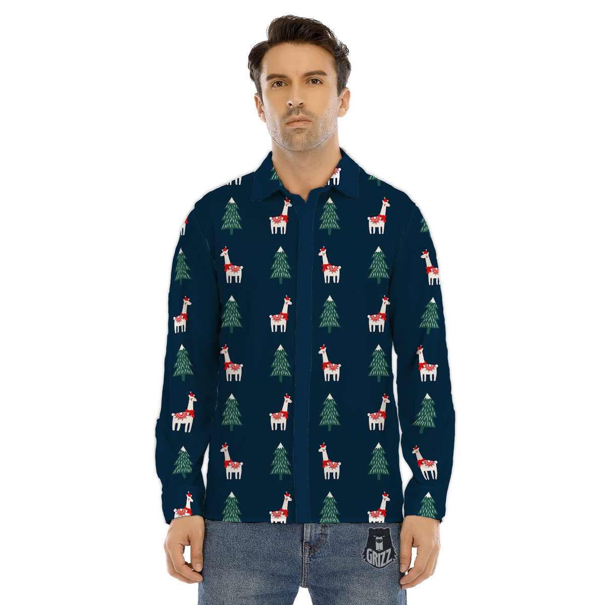 Llama Xmas Print Pattern Men's Dress Shirts-grizzshop