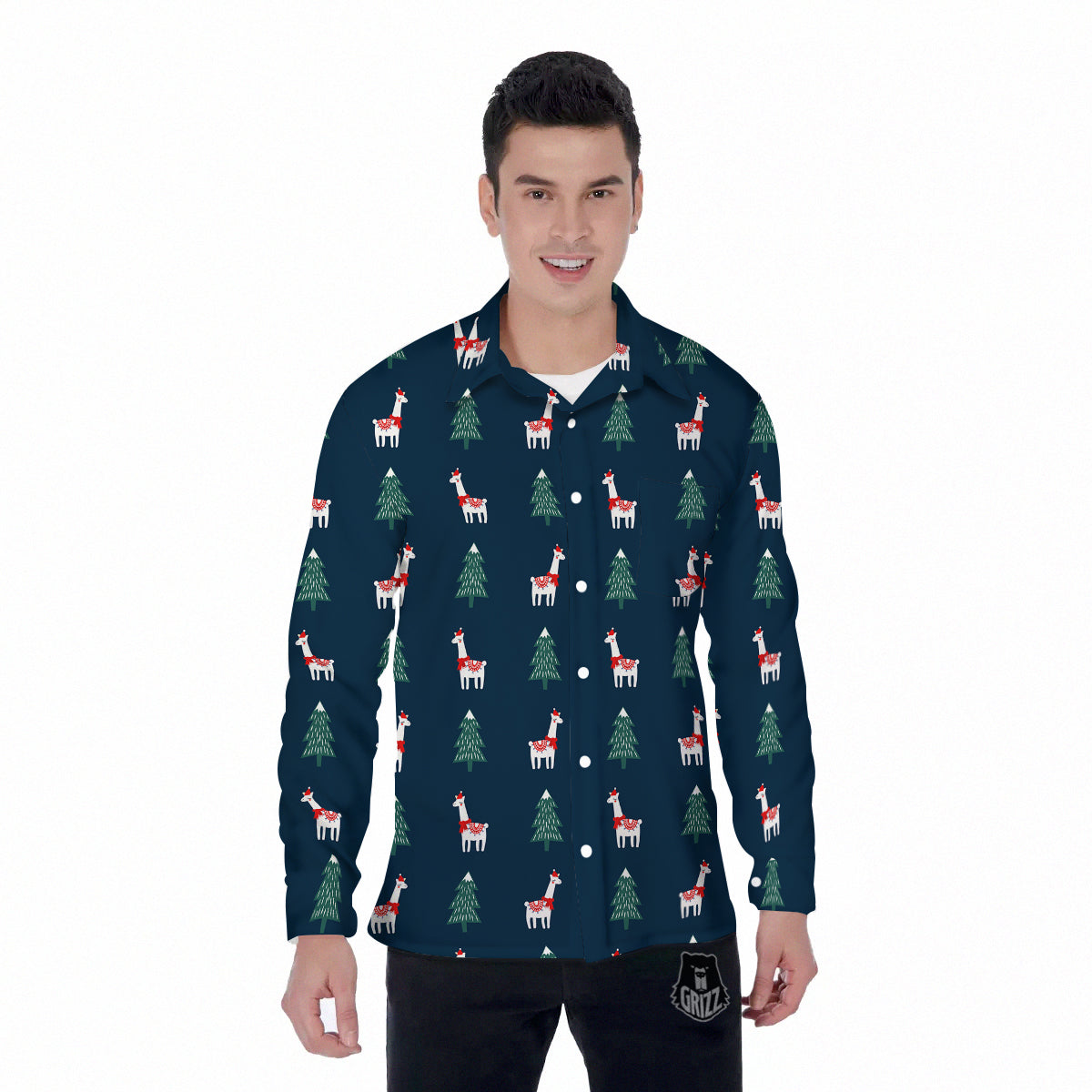 Llama Xmas Print Pattern Men's Long Sleeve Shirts-grizzshop