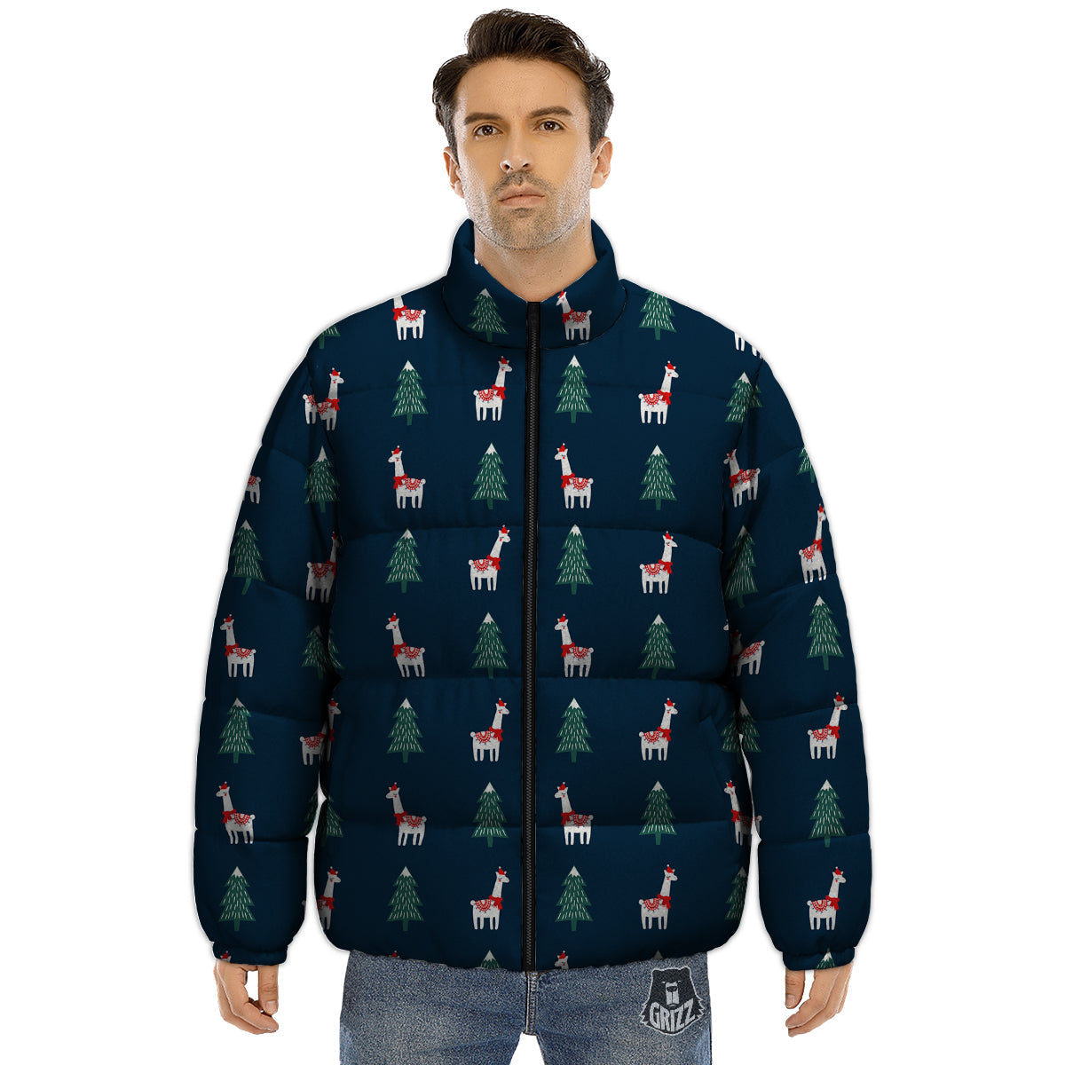 Llama Xmas Print Pattern Puffer Jacket-grizzshop