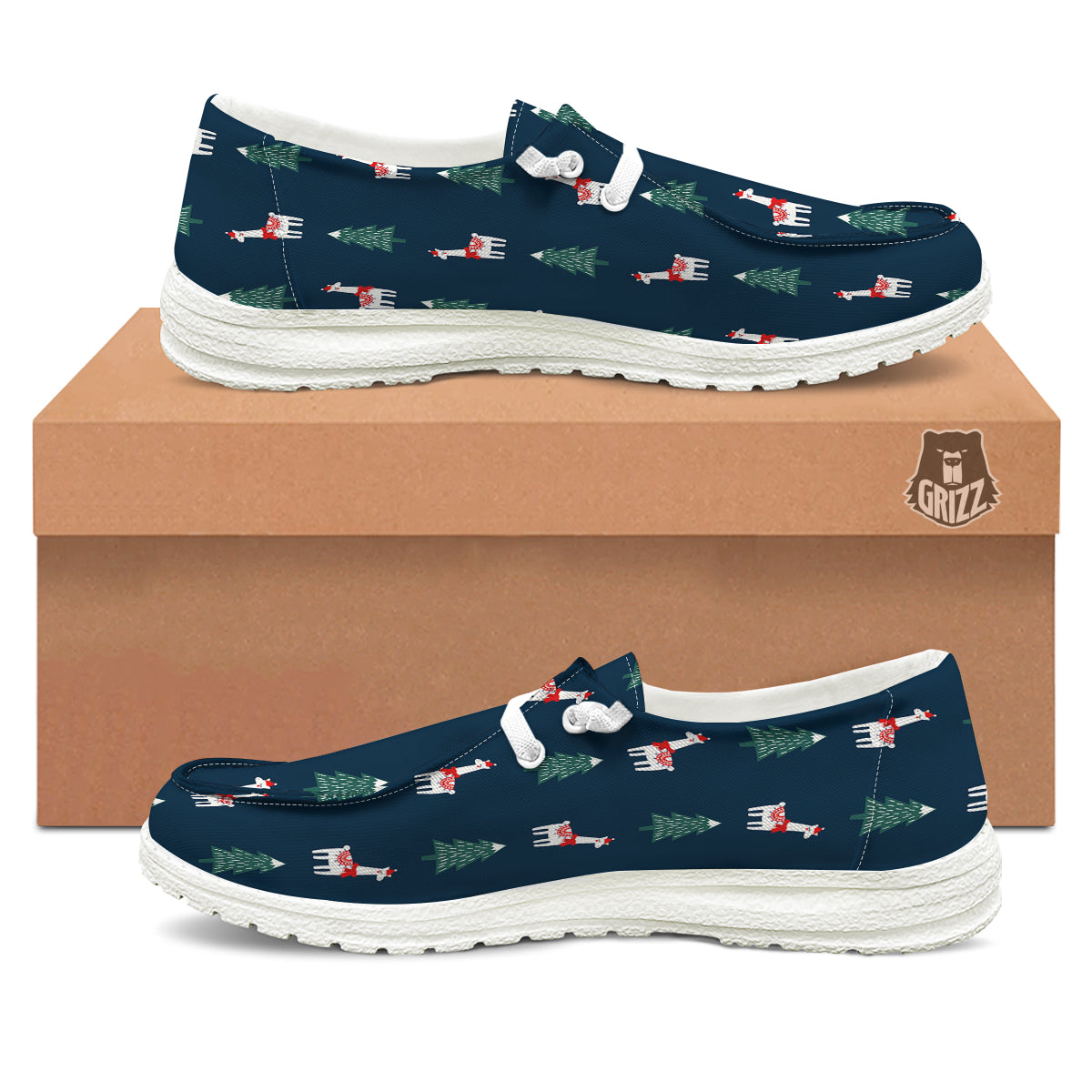 Llama Xmas Print Pattern White Loafers-grizzshop