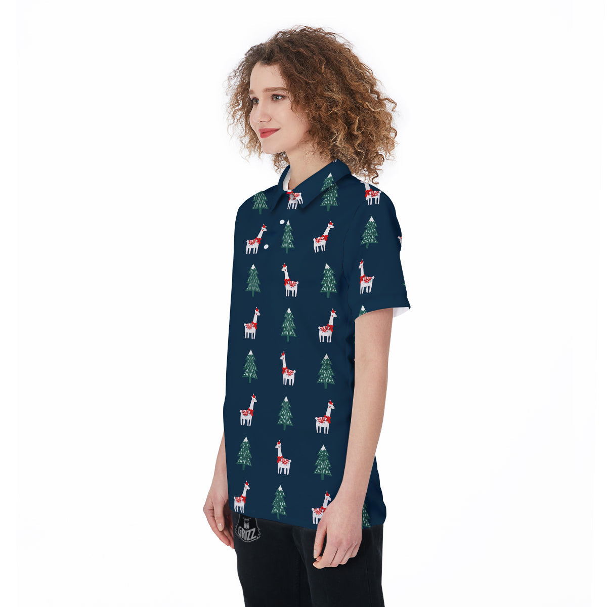 Llama Xmas Print Pattern Women's Golf Shirts-grizzshop