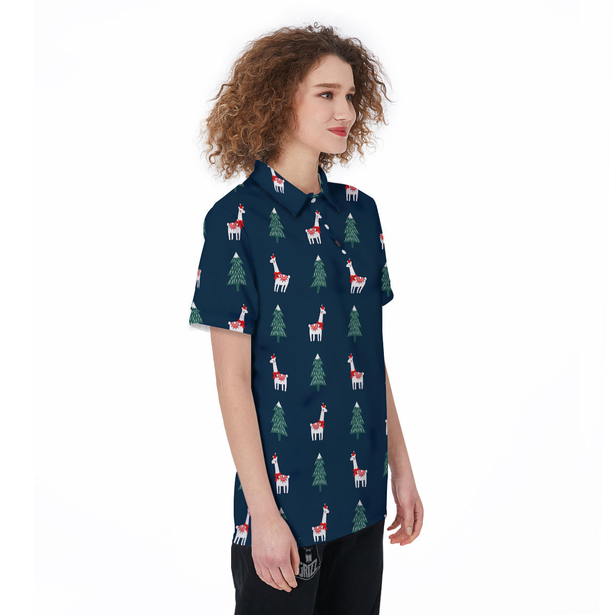 Llama Xmas Print Pattern Women's Golf Shirts-grizzshop