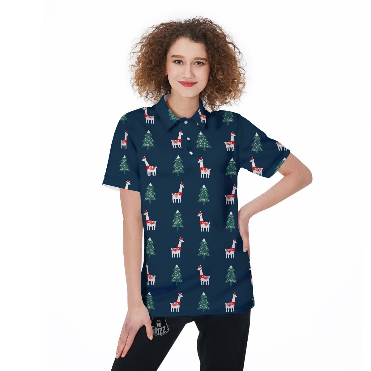 Llama Xmas Print Pattern Women's Golf Shirts-grizzshop