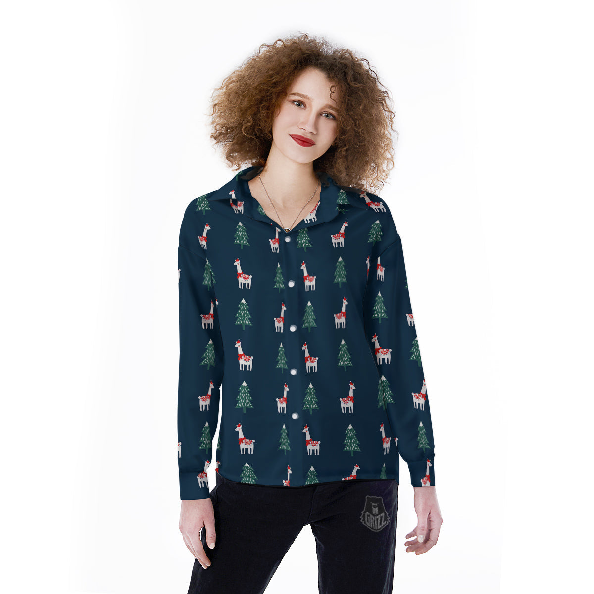 Llama Xmas Print Pattern Women's Long Sleeve Shirts-grizzshop