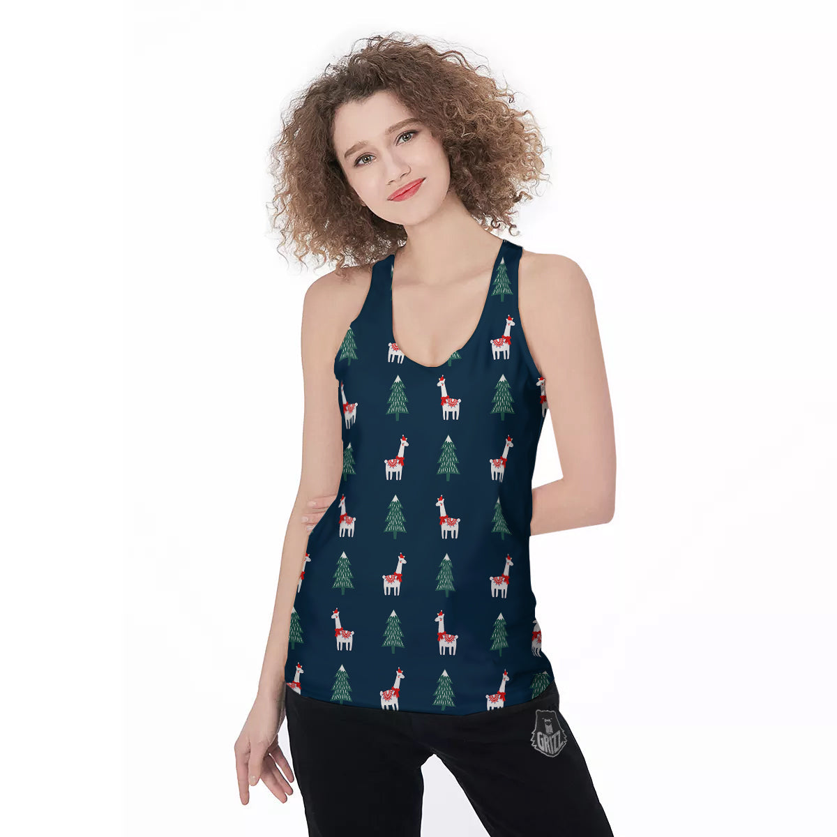 Llama Xmas Print Pattern Women's Racerback Tank Top-grizzshop