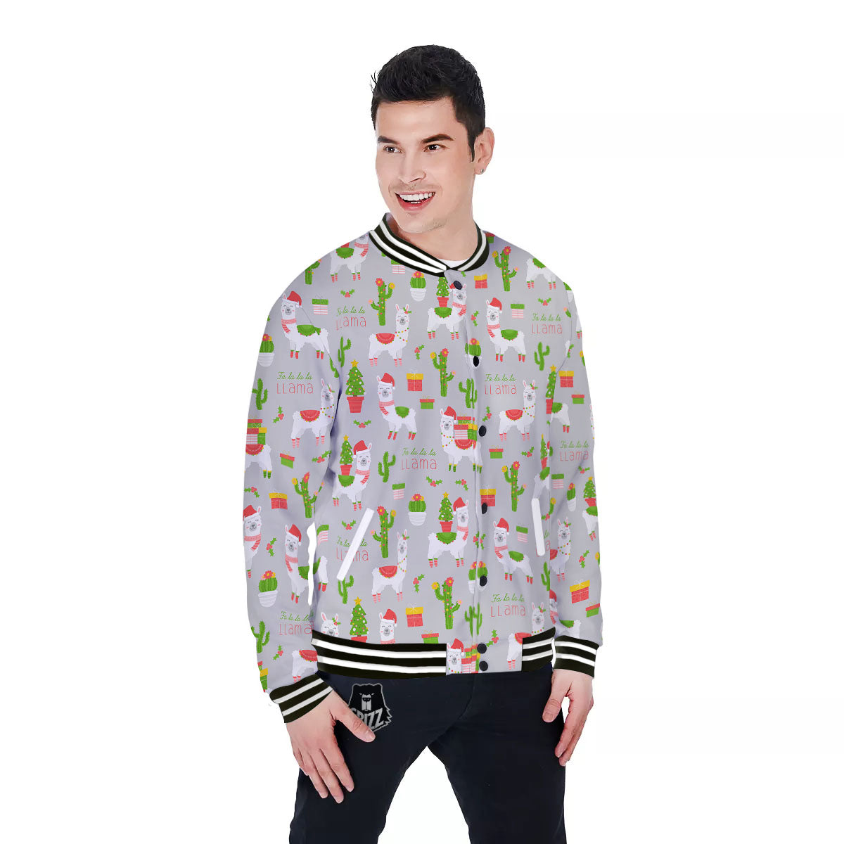 Llama Xmas Santa Claus Print Pattern Baseball Jacket-grizzshop
