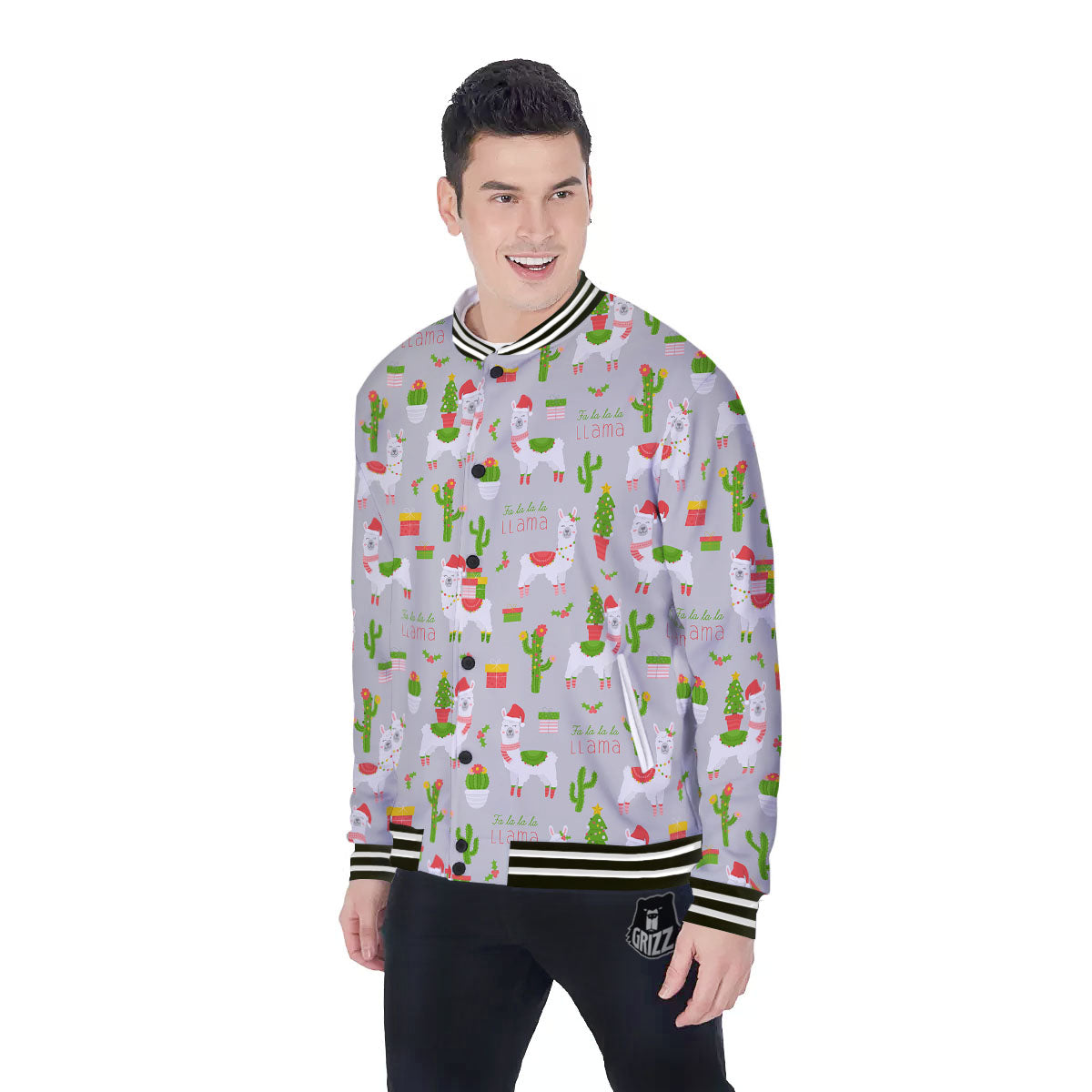 Llama Xmas Santa Claus Print Pattern Baseball Jacket-grizzshop