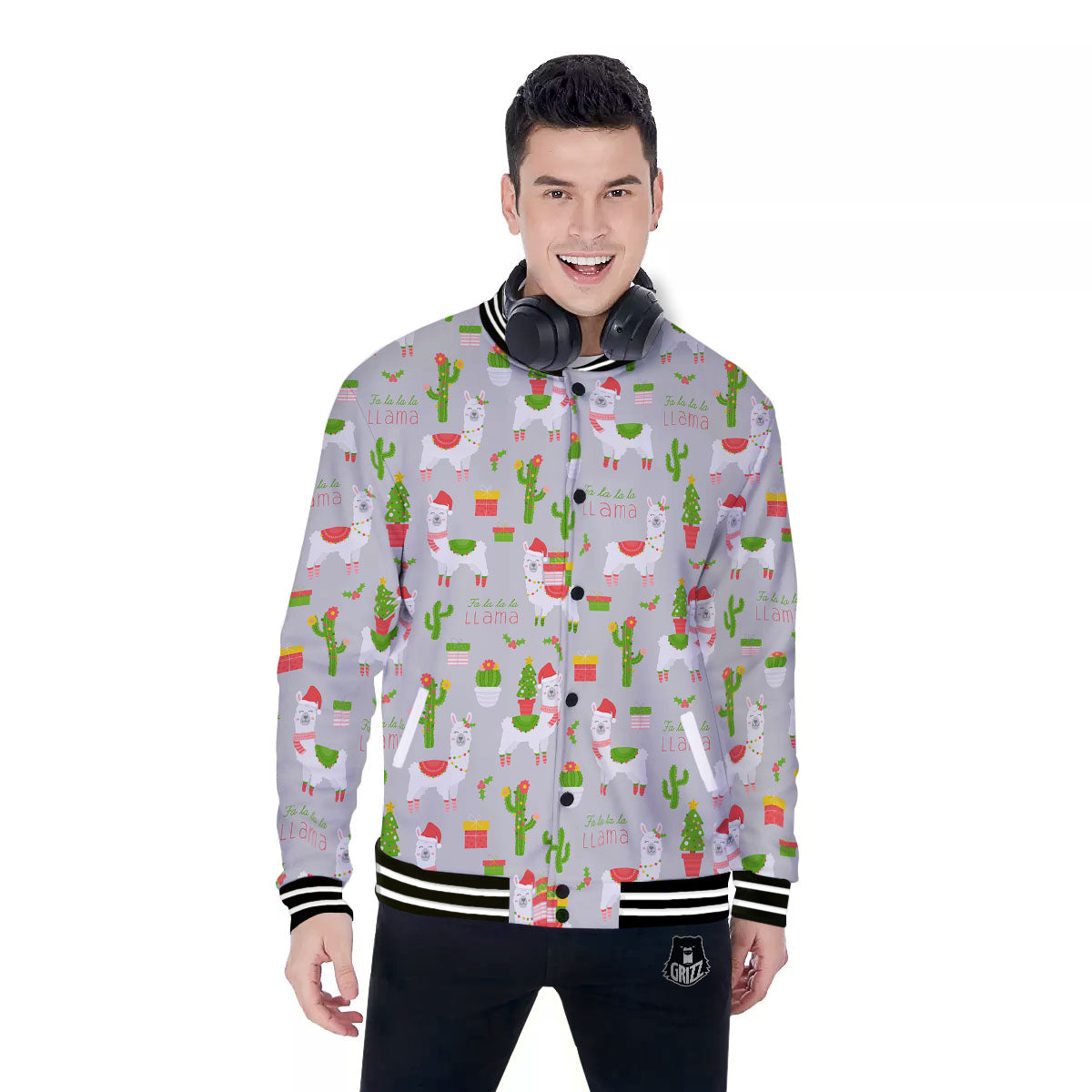 Llama Xmas Santa Claus Print Pattern Baseball Jacket-grizzshop