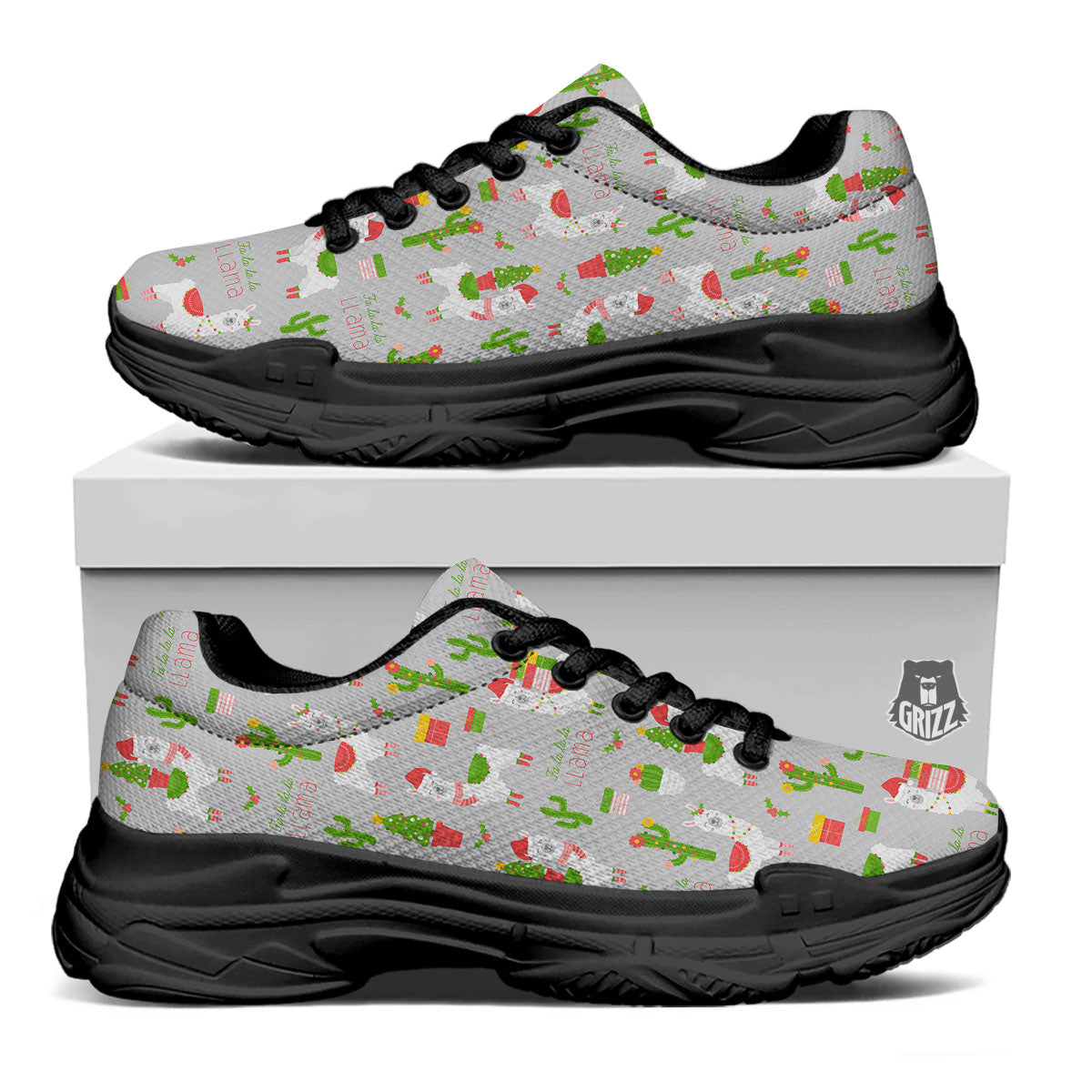 Llama Xmas Santa Claus Print Pattern Black Chunky Shoes-grizzshop