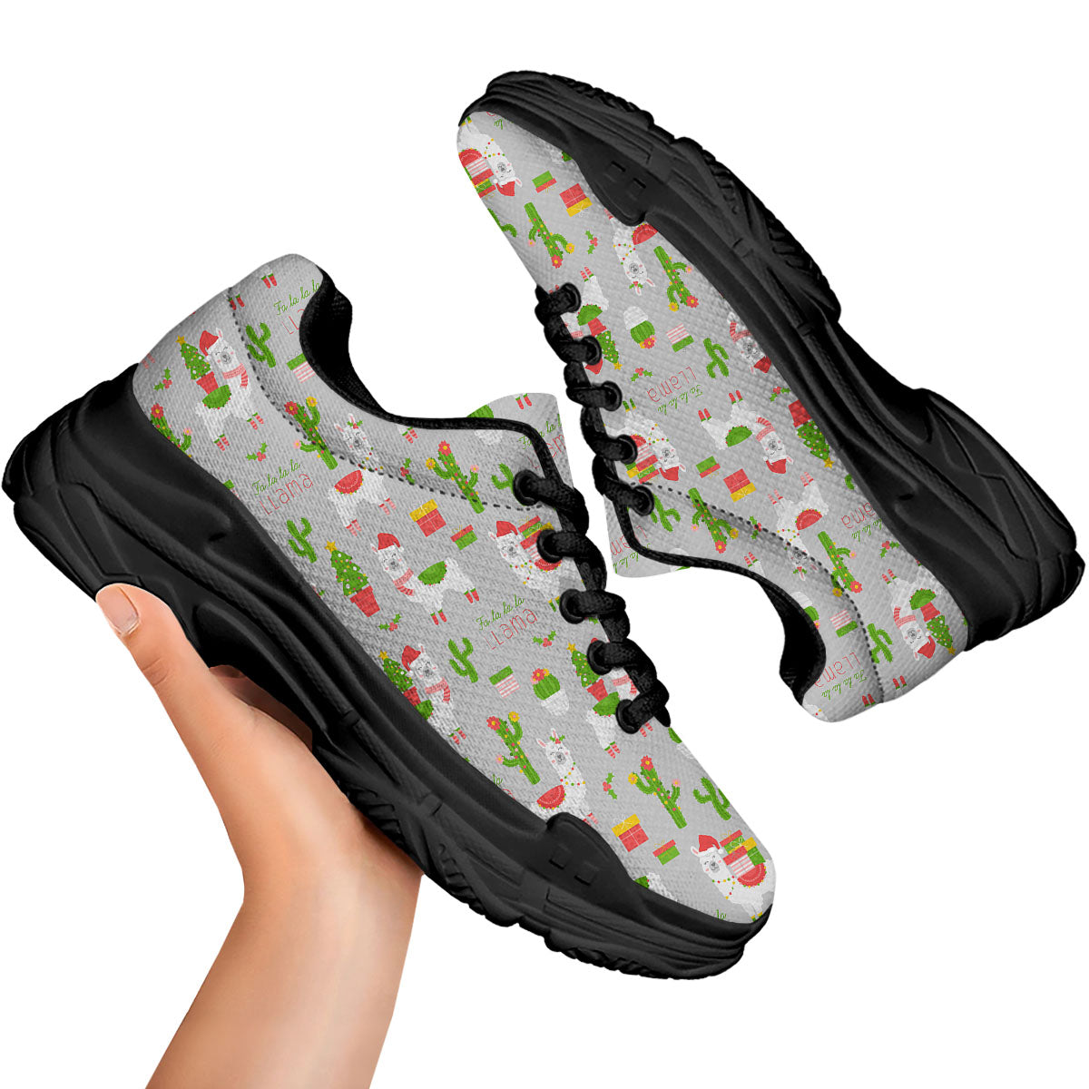 Llama Xmas Santa Claus Print Pattern Black Chunky Shoes-grizzshop