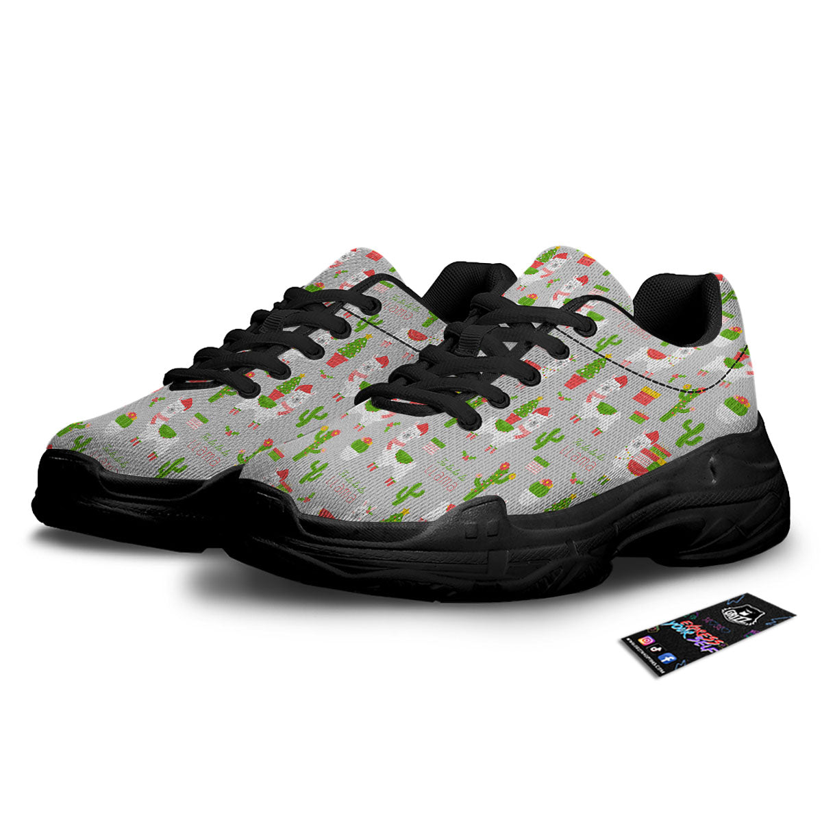 Llama Xmas Santa Claus Print Pattern Black Chunky Shoes-grizzshop