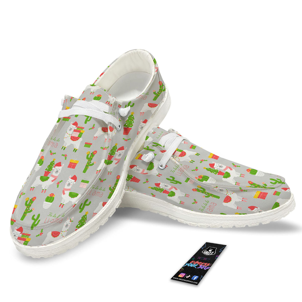 Llama Xmas Santa Claus Print Pattern Black Loafers-grizzshop